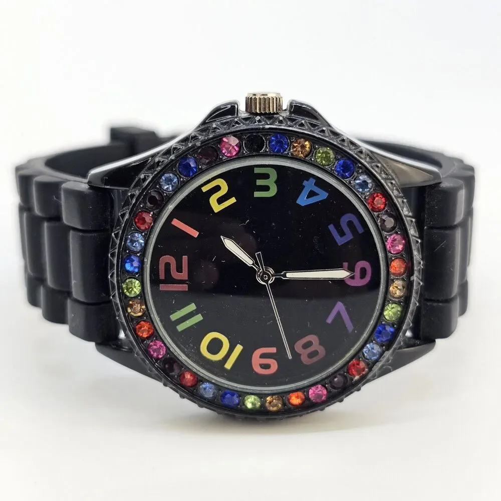 38MM Watch Women Black Dial Multicolor Bezel Black Plastic Bands‎ New Battery